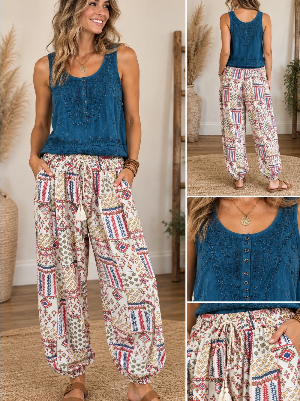 Rhea Boho Patchwork Printed Lounge Pants - Blue Multi one size retail $56